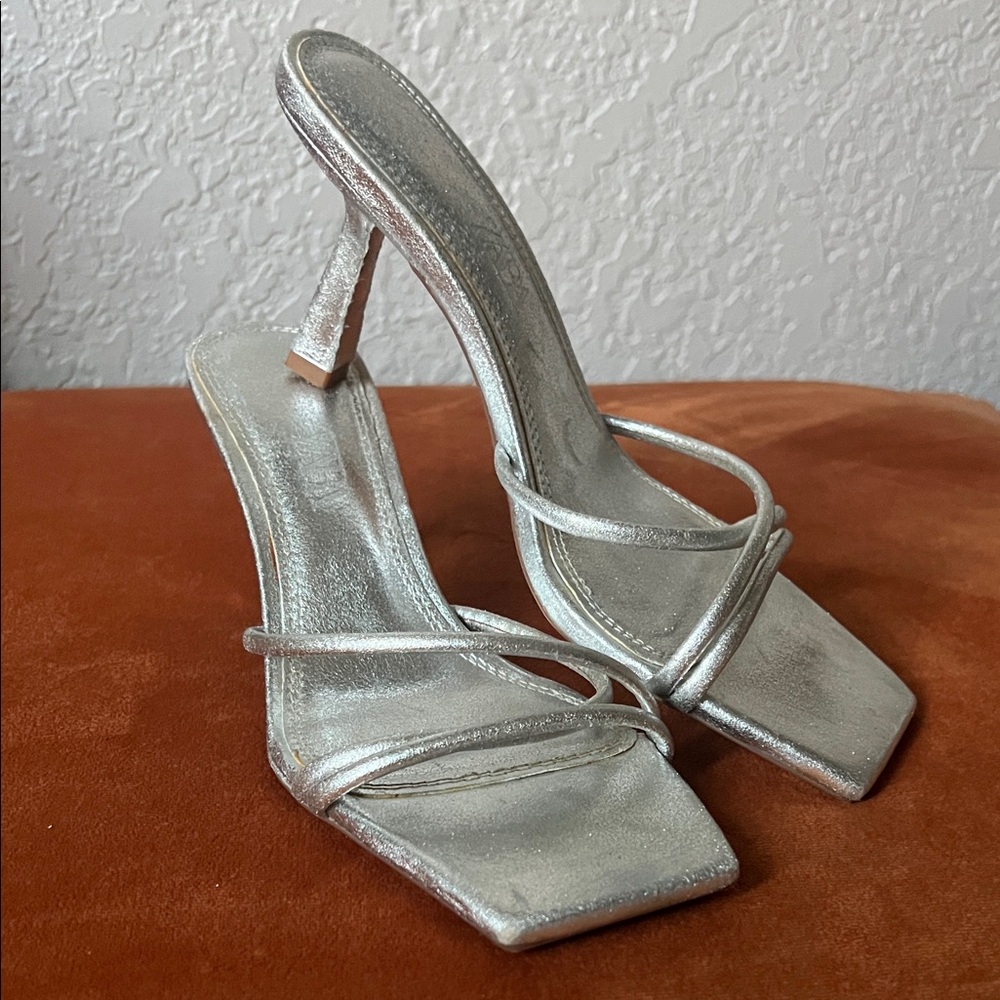 Zara Metallic Silver Strappy High Heel Sandals